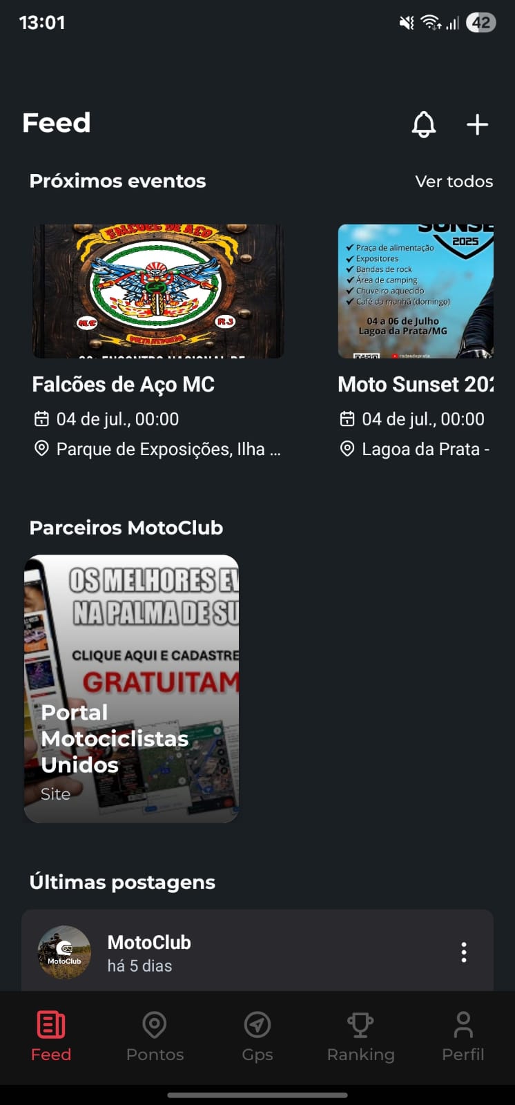 Tela de Feed do MotoClub