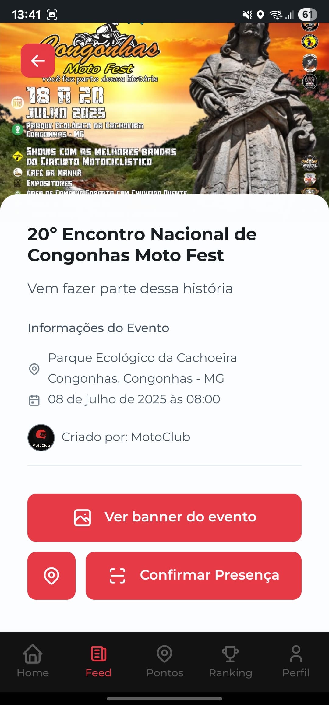Tela de Feed do MotoClub